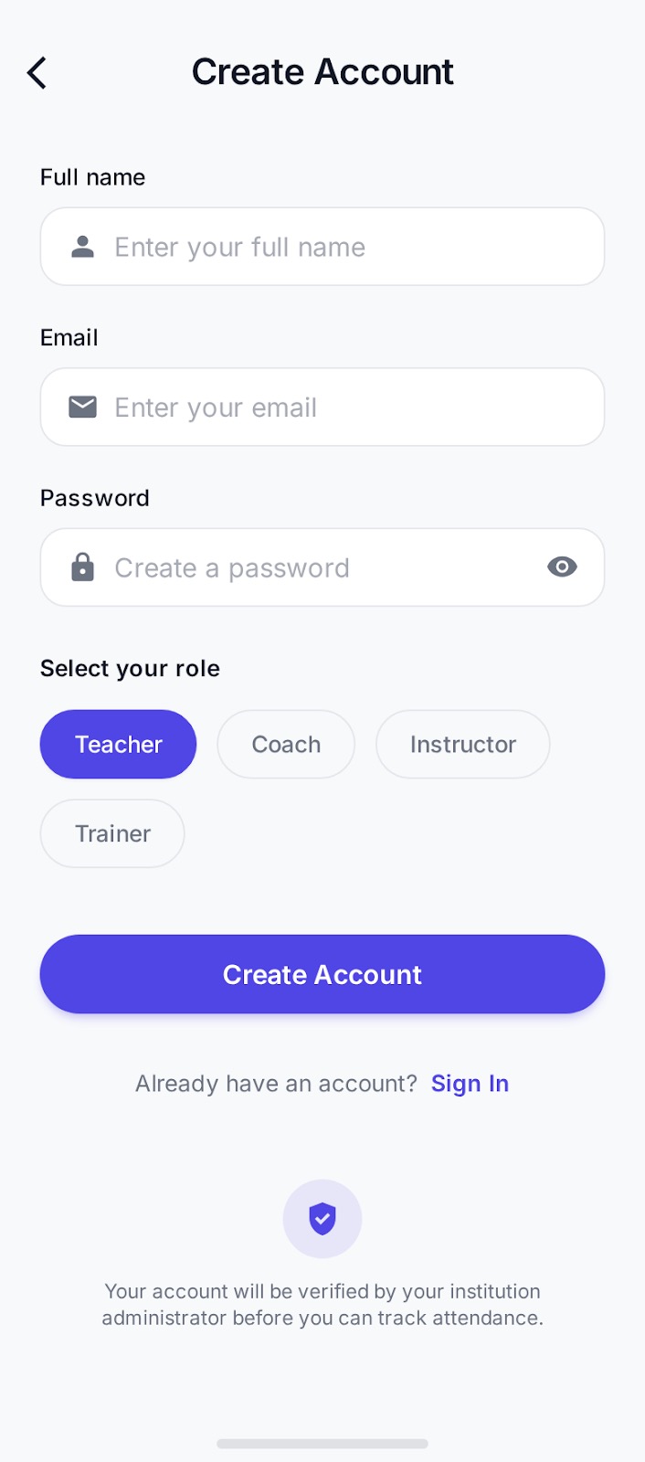 Sign up screen