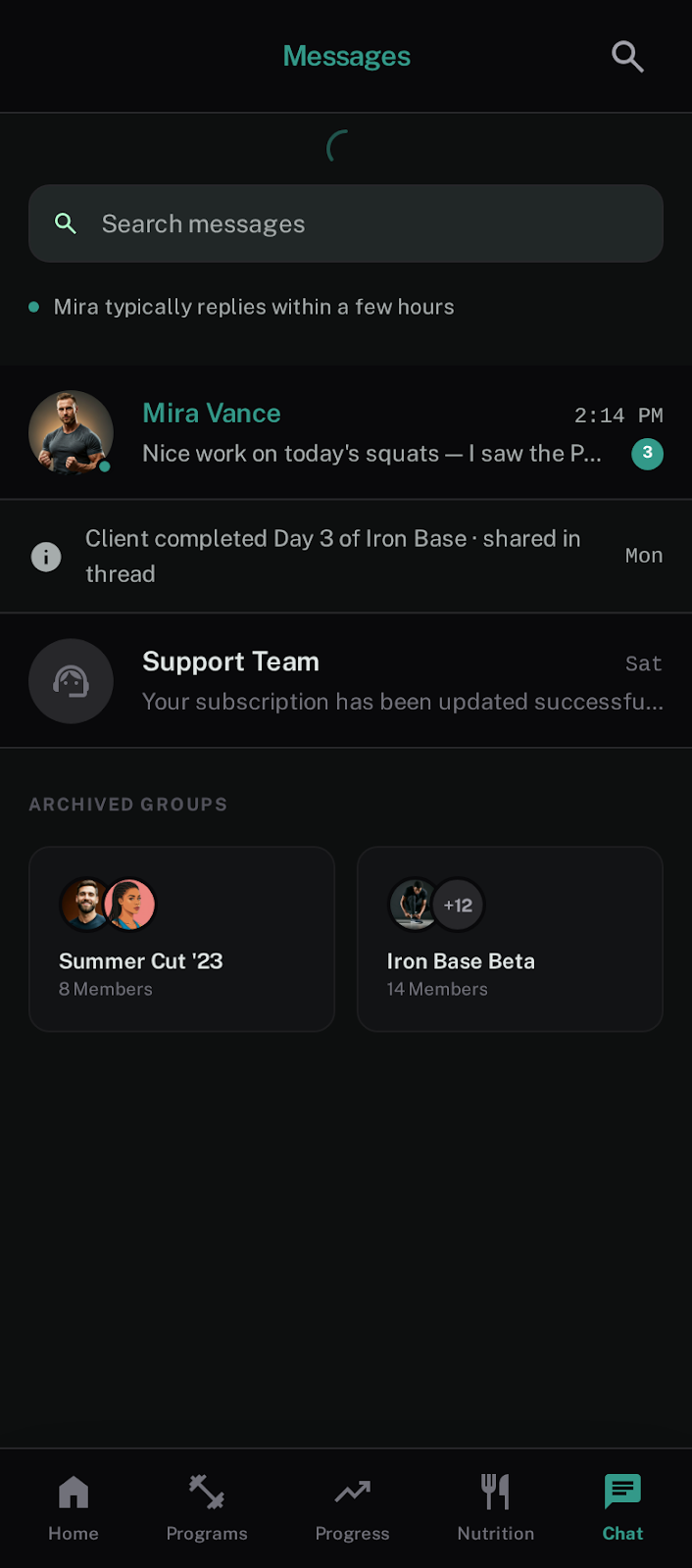 FitCreator chat list fitcreator client 1