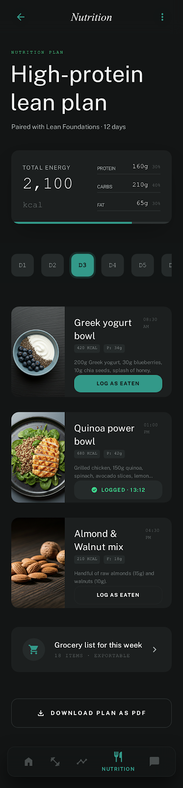 FitCreator nutrition plan viewer