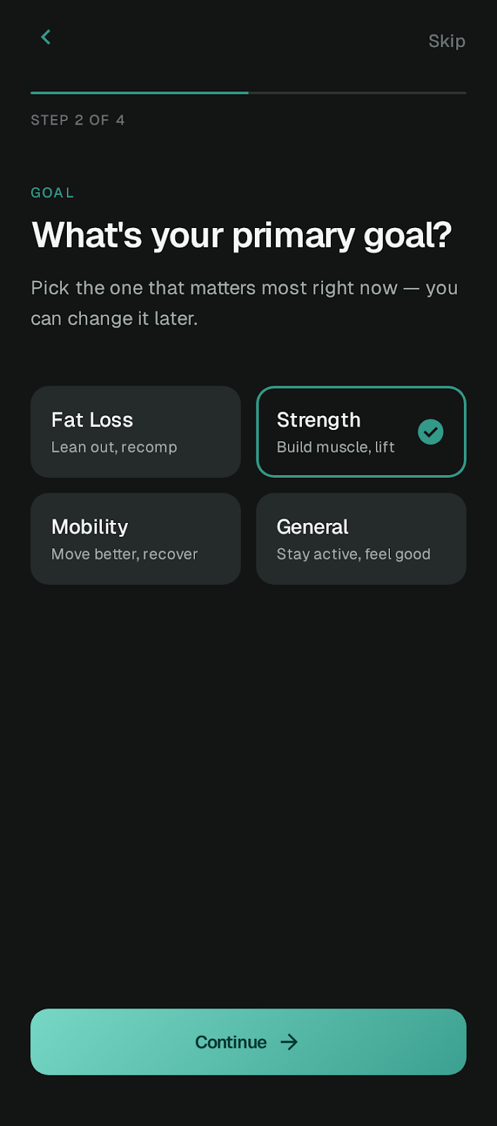FitCreator profile setup goal 1