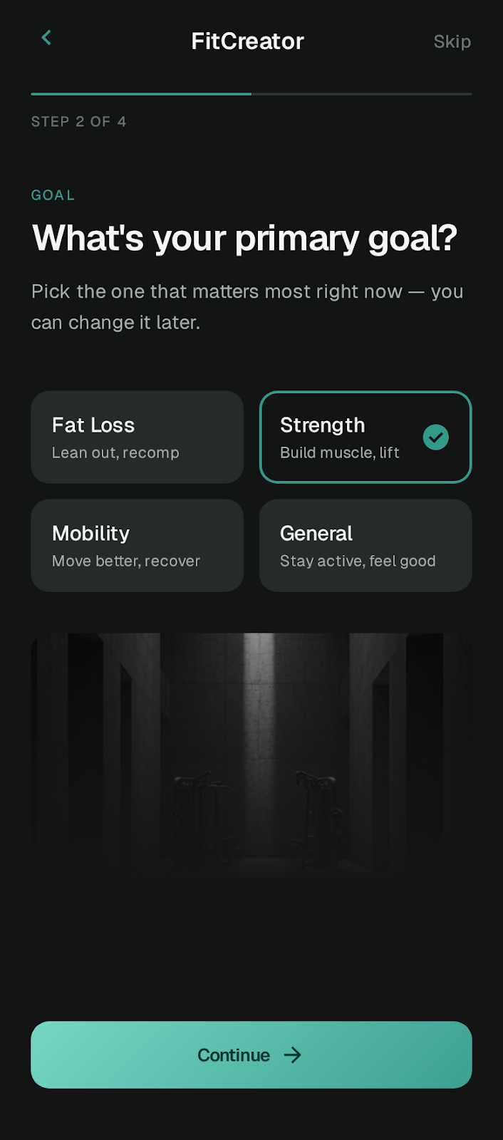 FitCreator profile setup goal 2