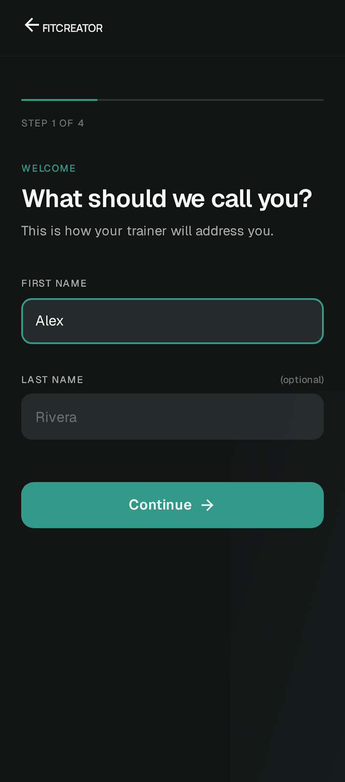 FitCreator profile setup step 1 1