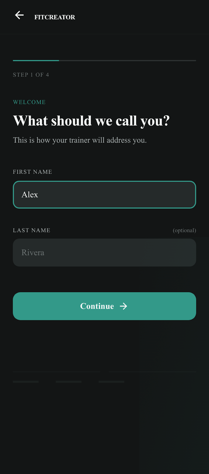 FitCreator profile setup step 1 2