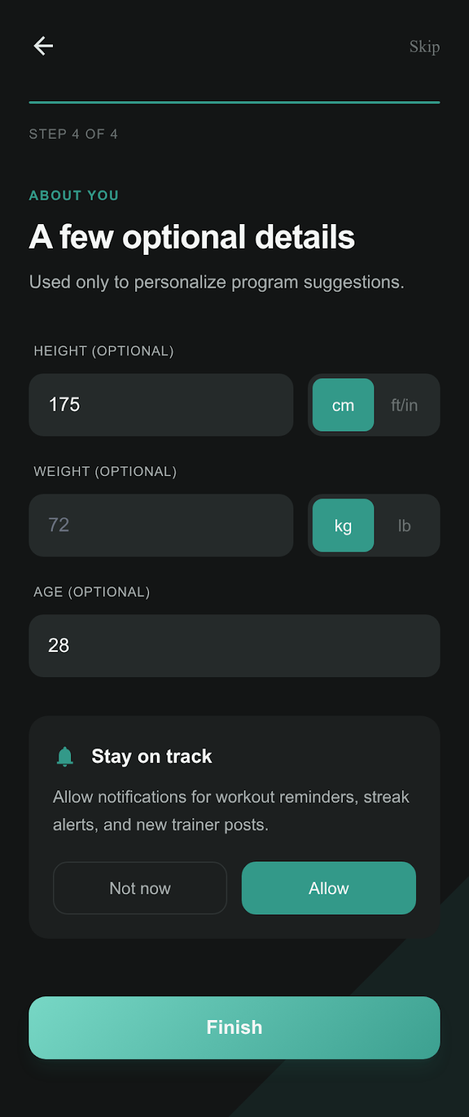 FitCreator profile setup step 4 final