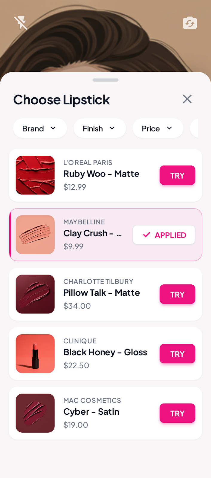 GlamGlow try on product selector bottom sheet