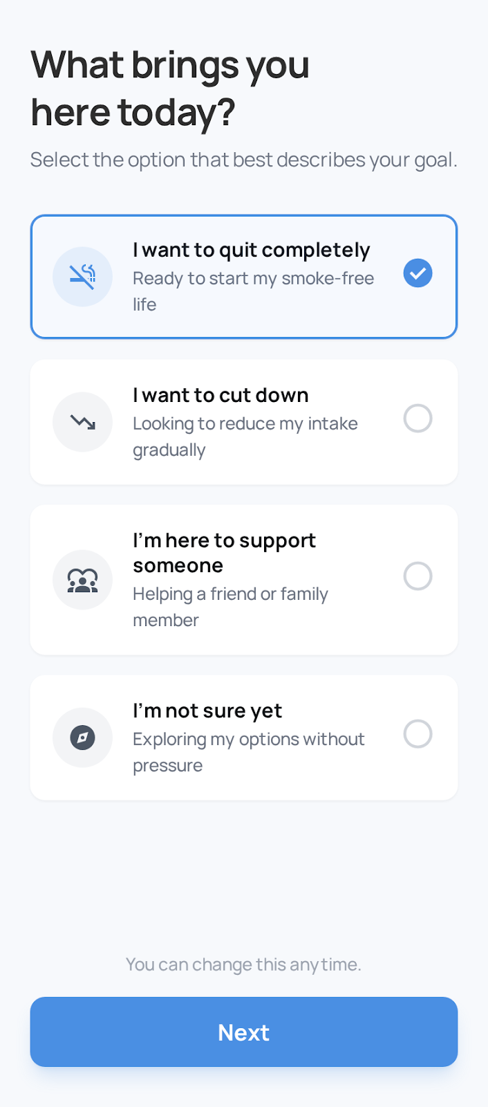 QuitWell intent selection screen