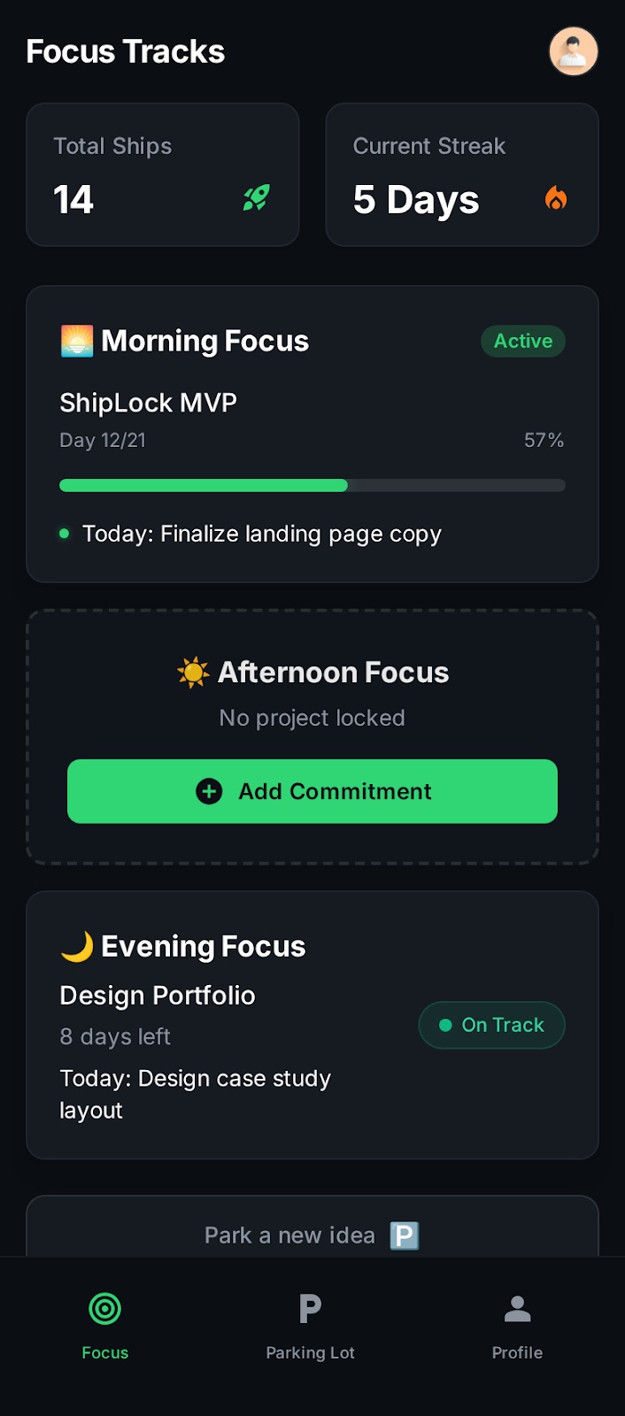 ShipLock multi-track focus dashboard showing active project tracks and progress