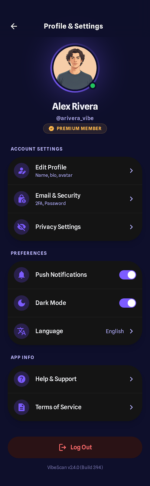 VibeScan profile and settings screen