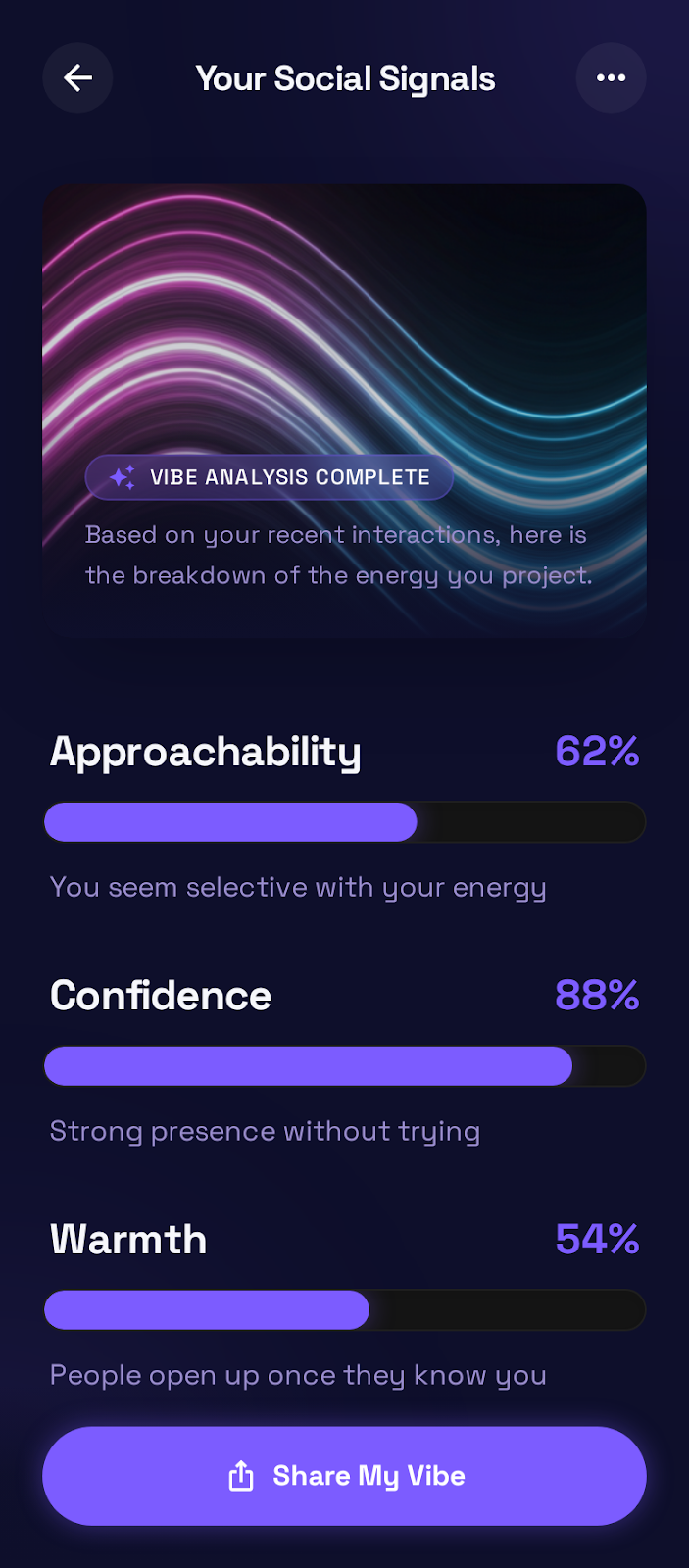 VibeScan social energy scores screen
